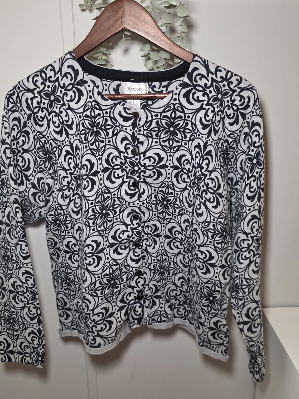 Foxcroft Black and White Floral Knit Cardigan